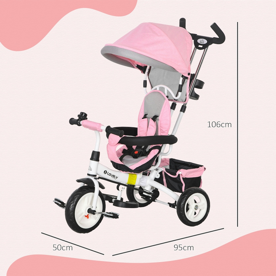 image 1 of HOMCOM 6 in 1 Kids Trike, Stroller with Parent Handle, Pink