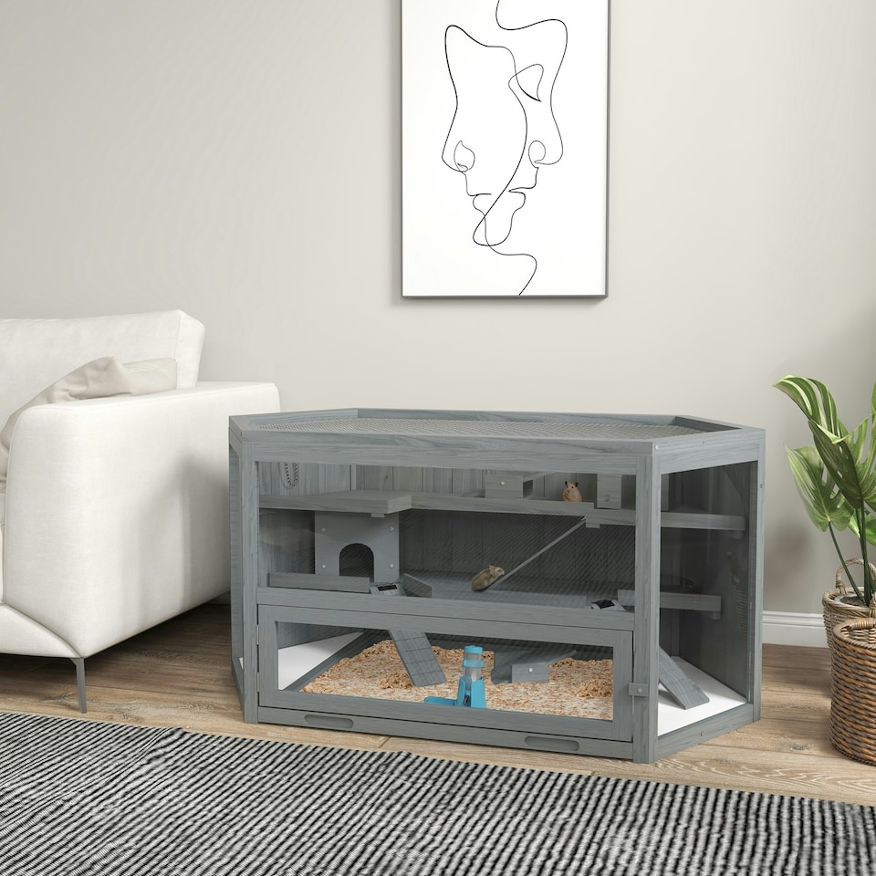 image 1 of PawHut 3 Tier Wooden Hamster Cage Gerbil Play Centre w/ Sliding Tray Ramps