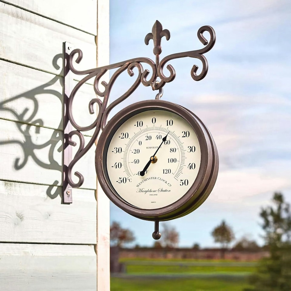 image 1 of Marco Paul 32cm Double Sided Outdoor Station Wall Clock and Thermometer Brown