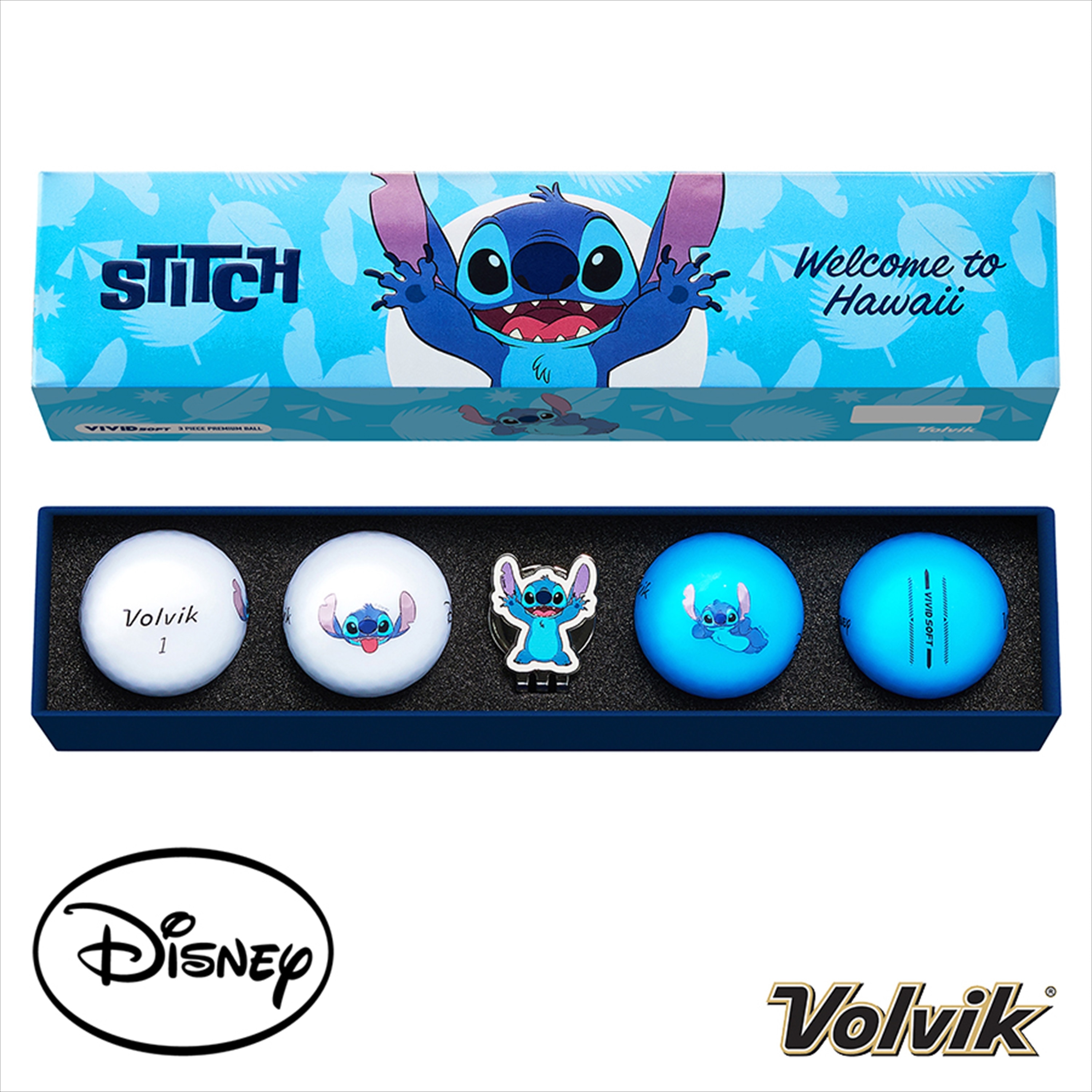 Volvik Stitch Vivid Blue/White 4 Balls + Marker