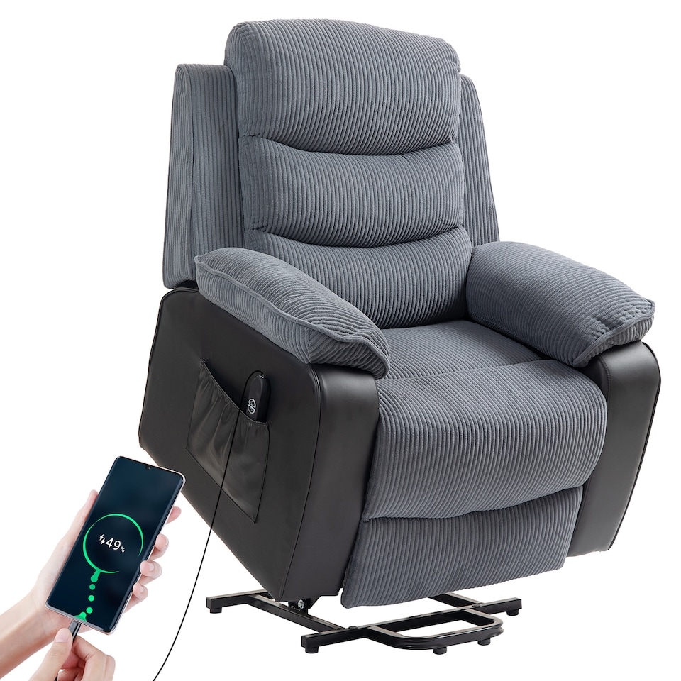 image 1 of HOMCOM Power Lift Recliner Chair for Elderly, Patchwork Design Oversized Electric Riser and Recliner Armchair for Living Room with Remote Control, USB Port and 2 Side Pockets, Dark Grey | Grey | Dark Grey