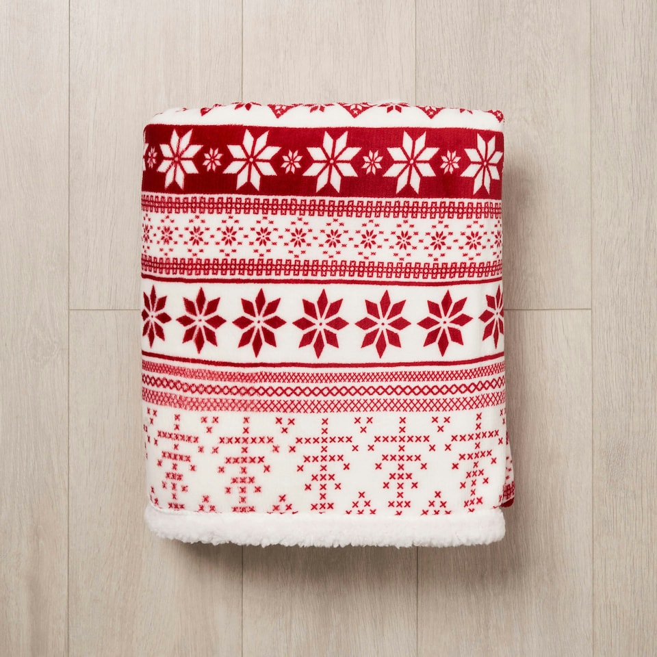 image 1 of BHS Christmas Fairisle Throw with Sherpa Back | Red | Red | 1