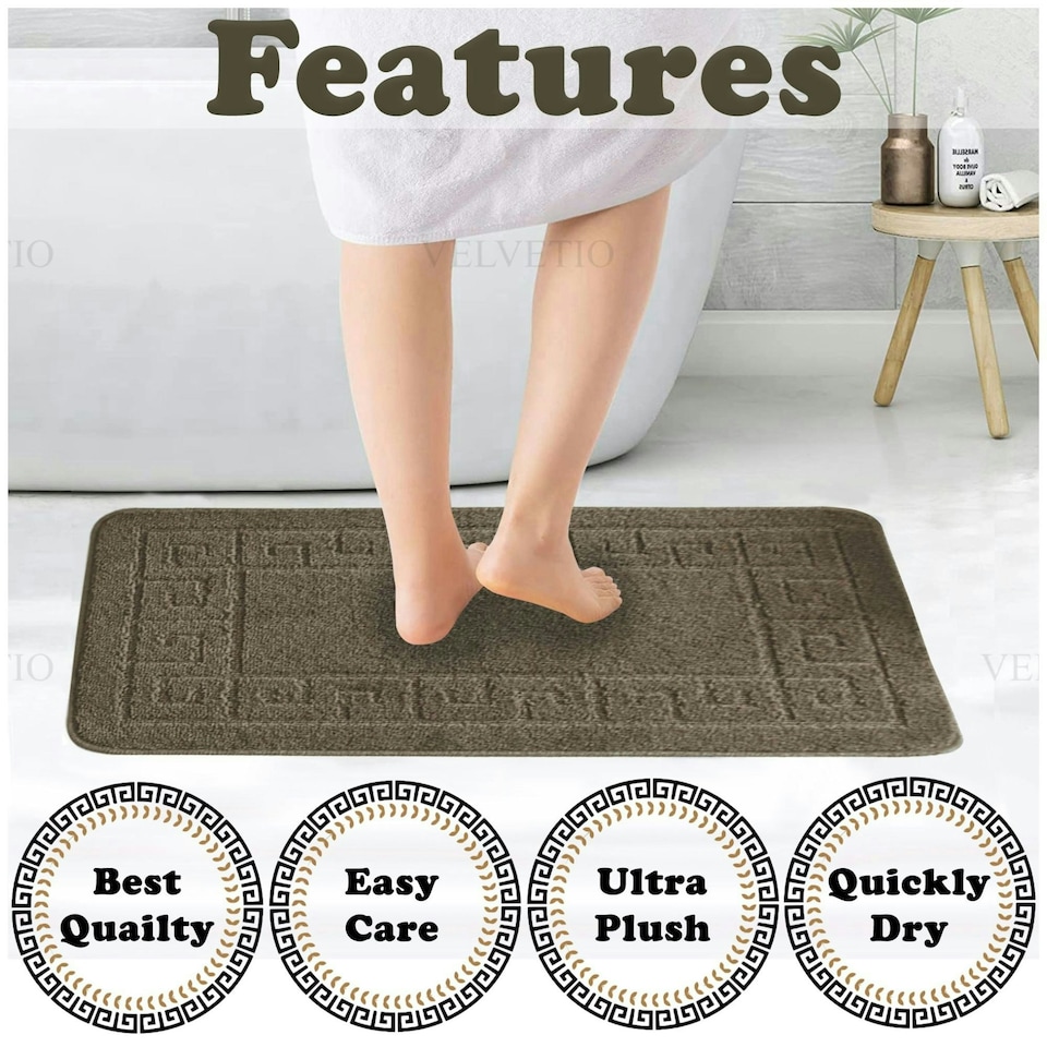image 1 of VELVETIO Greek Bath Mat & Pedestal Mat Water Absorbent Non Slip Toilet Rugs Brown | Latte