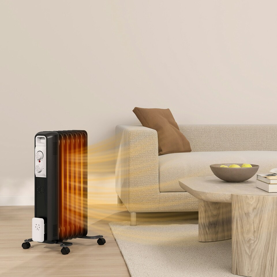 image 1 of HOMCOM 1500W 7 Fin Oil Filled Heater Radiator for Home, Black
