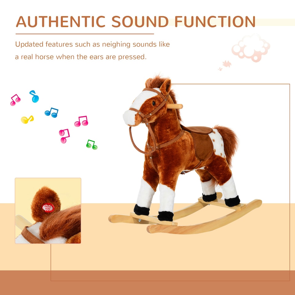 image 1 of HOMCOM Rocking Horse Toy Plush Wood Pony Riding Rocker Neigh Sound Brown