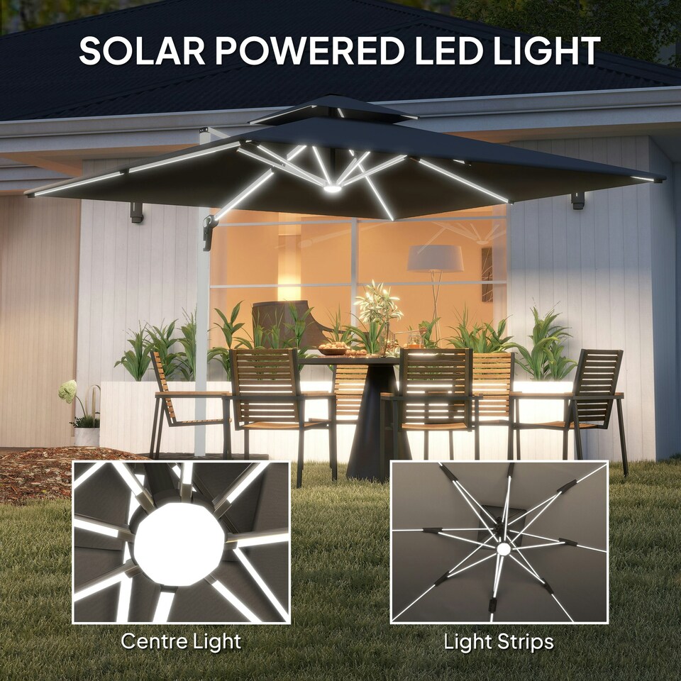 image 1 of Outsunny Garden Cantilever Parasol, Patio Umbrella w/ Solar LED Lights, Grey Grey | Grey