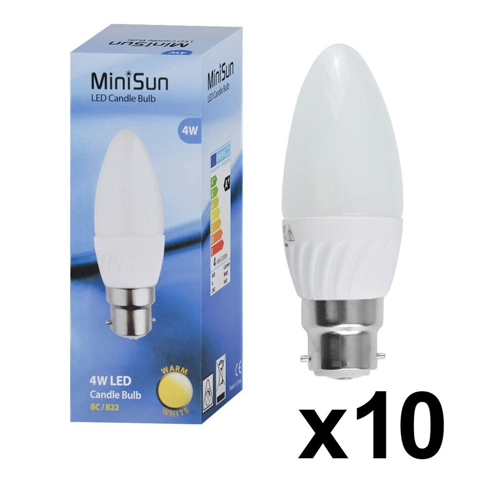 image 1 of ValueLights 10 Pack B22 White Plastic Candle LED 4W Warm White 3000K 400lm Light Bulb