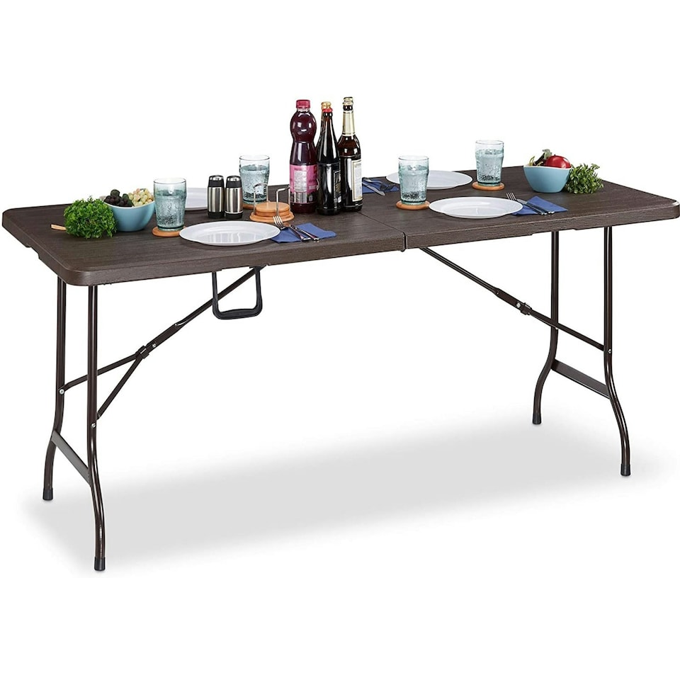 image 1 of Wooden Effect 6ft Heavy Duty Folding Table Garden Camping Trestle Dining Picnic Brown