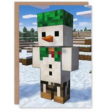 Snow Man Winter Block World Video Game Design Blank For Him Or Her Art Christmas Card