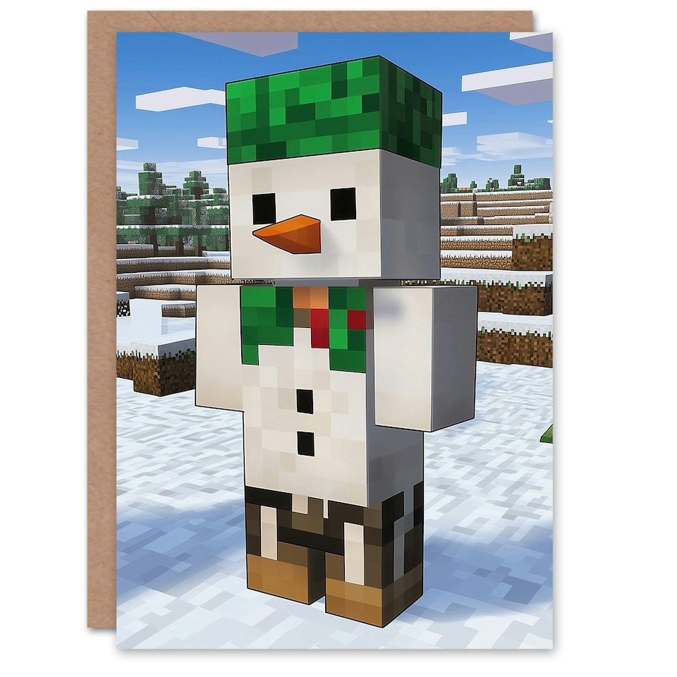 image 1 of Snow Man Winter Block World Video Game Design Blank For Him Or Her Art Christmas Card