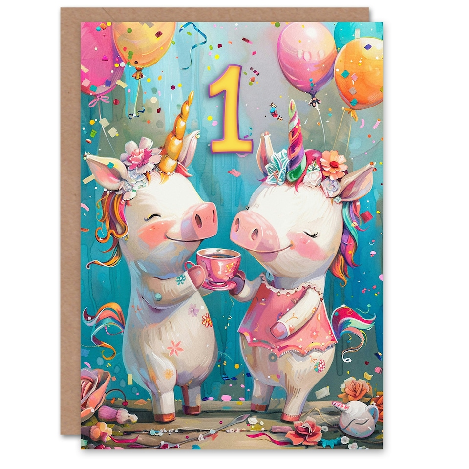 image 1 of Cute Unicorn Piglet Party Balloons 1st First Child Kids Birthday Card