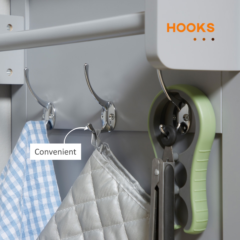 image 1 of HOMCOM Rolling Kitchen Island on Wheels, Utility Serving Cart with Rubber Wood Top, Towel Rack, Hooks and Storage Drawers, Grey