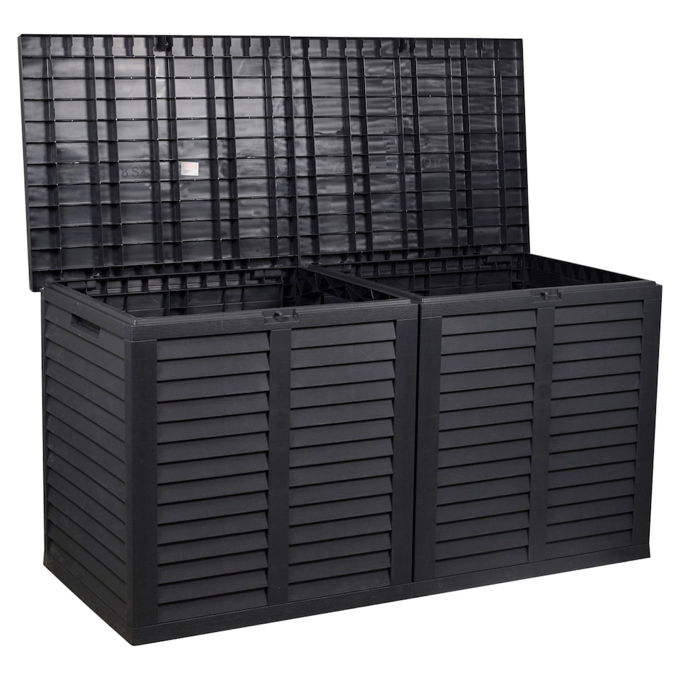 image 1 of XXL 750L Garden Storage Box, Black - 155x66x80 cm, Double Lid, Weatherproof