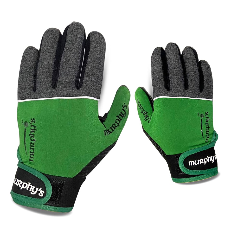 image 1 of Murphys V2 Gaelic Football Adult's Gloves, Premium Latex Field Players Mittens, Durable Hook And Loop Closure, Grey And Green, 8, Small