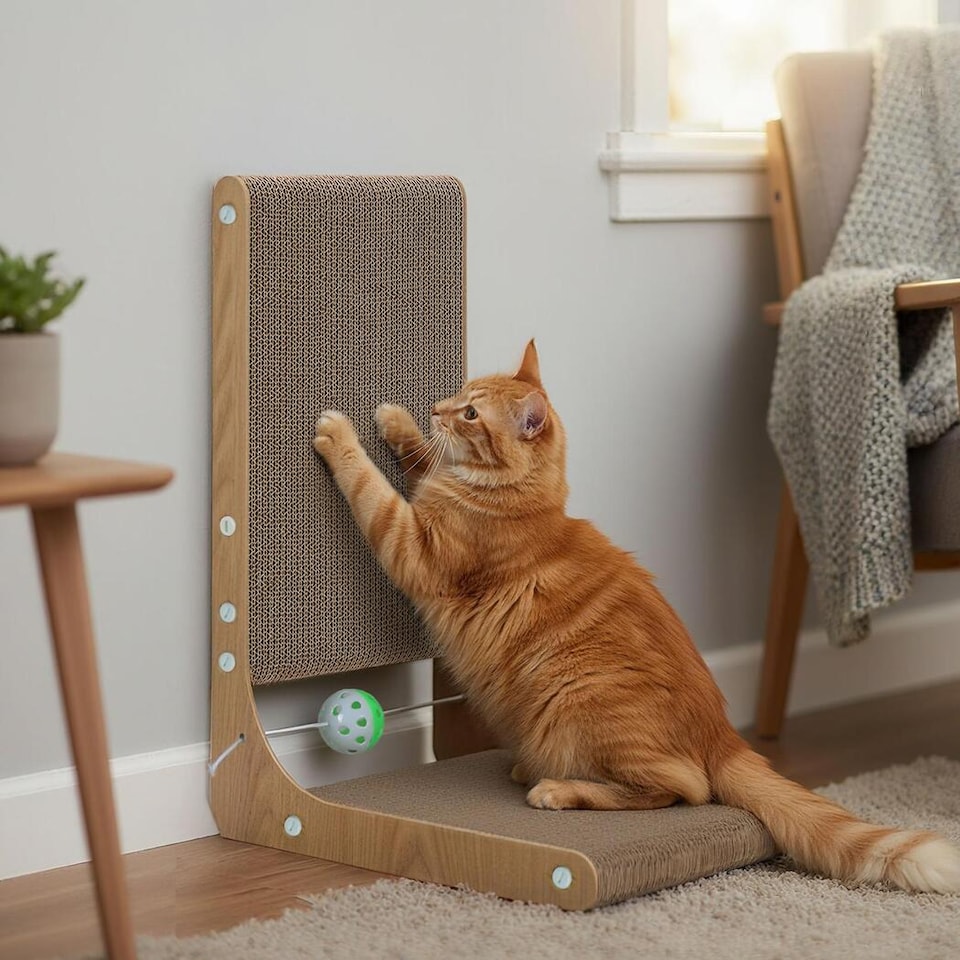 image 1 of Skylos 48cm L Shaped Cat Scratching Board with Ball Toy Wall Furniture Brown
