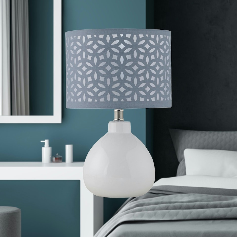 image 1 of First Choice Lighting Set of 2 Tuscan White Ceramic Lamps with Grey Cut Out Shade White | Grey
