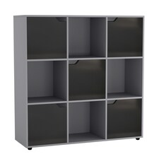 9-Cube Shelving Unit with Wooden Doors | Grey | Grey & Black | 1