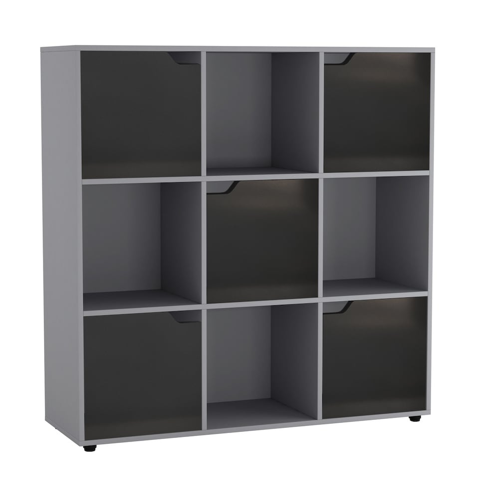 image 1 of 9-Cube Shelving Unit with Wooden Doors | Grey | Grey & Black | 1