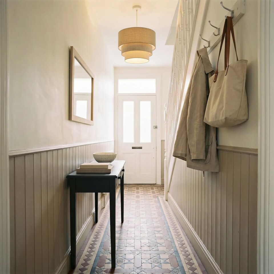 image 1 of Contemporary Round Triple Tier Beige and Oatmeal Linen Pendant Shade