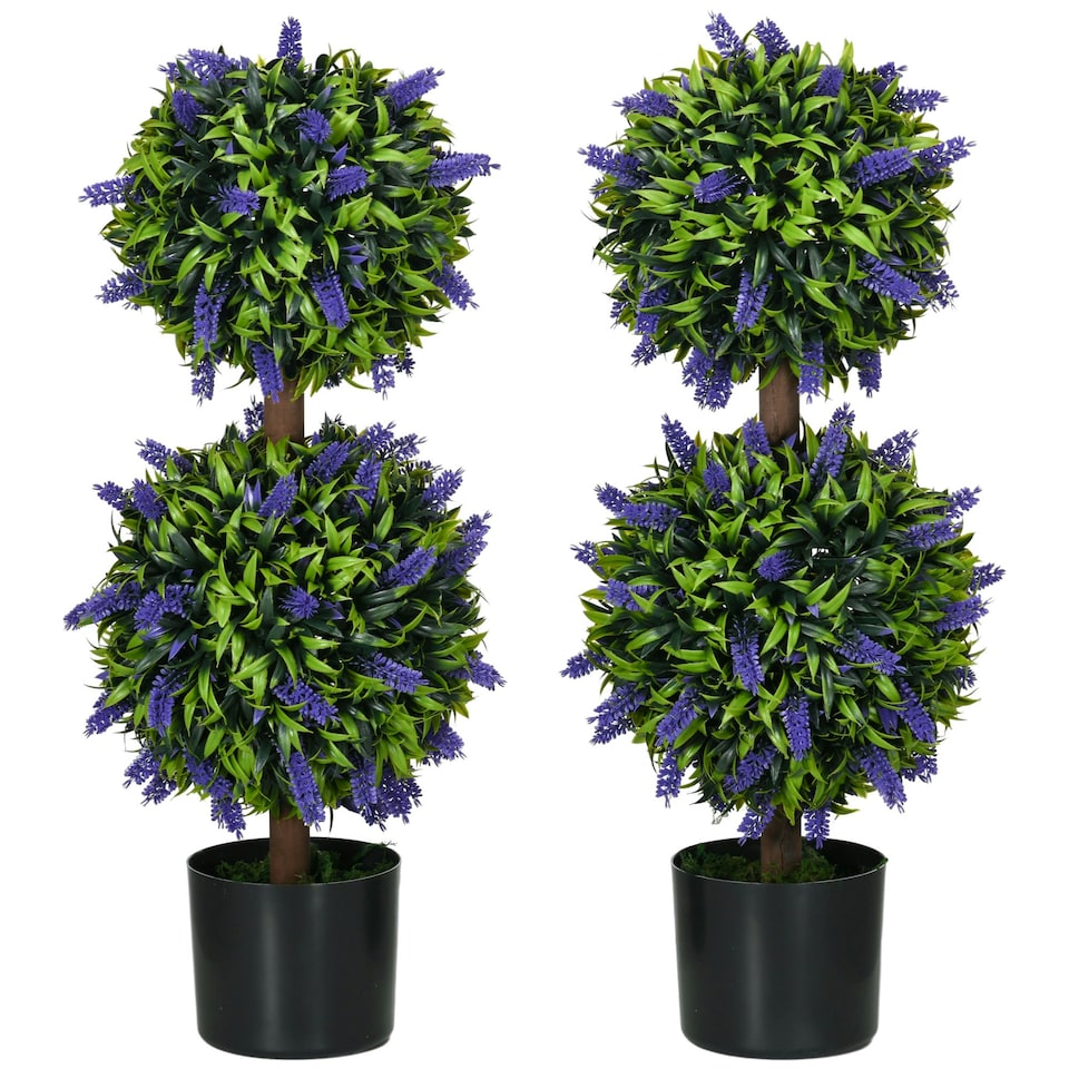image 1 of HOMCOM Set of 2 Potted Artificial Plants Ball Tree with Lavender Flowers, 70cm