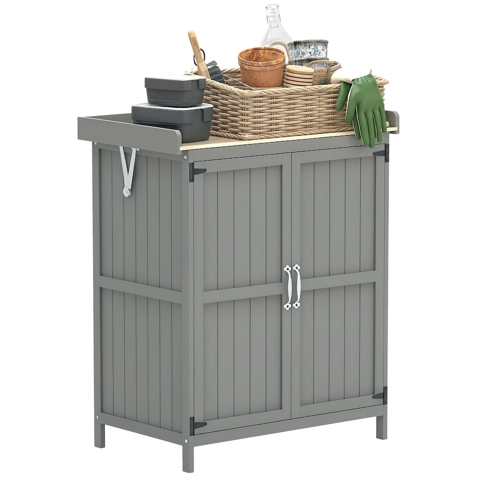image 1 of Outsunny Wooden Garden Storage Shed w/Hinged Roof and Shelf, Grey