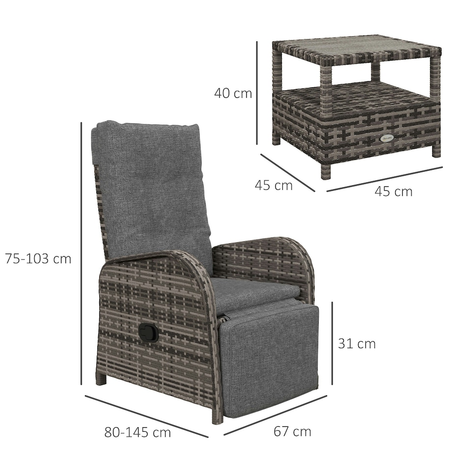 image 1 of Outsunny 3 PCs Rattan Chaise Lounge Sofa Set with Cushion for Patio Yard Brown