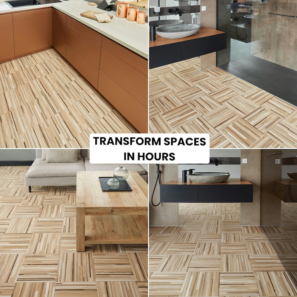 image 1 of NOVECRAFTO Vinyl Floor Tiles Self Adhesive – 12x12in Peel and Stick Flooring for Kitchen, Bathroom & Living Room – Beige Brown Wooden Stripes Design Brown | 5.57sqm