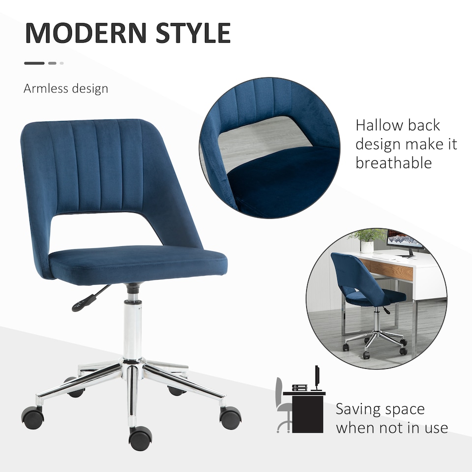 image 1 of Vinsetto Modern Office Chair, Velvet-feel Fabric Desk Chair with Wheels, Comfy Armless Swivel Vanity Chair for Makeup, Nail Tech, Bedroom, Dark Blue