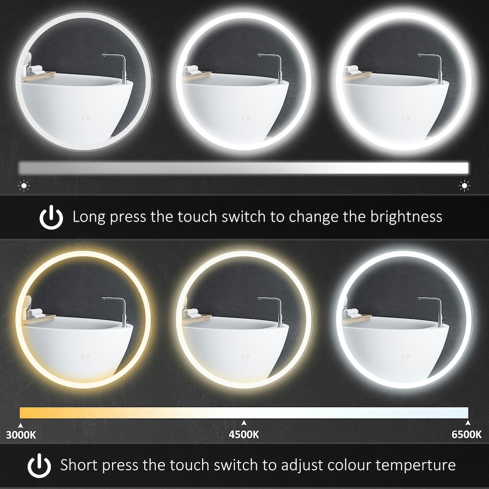 image 1 of kleankin Dimmable Bathroom Mirror with LED Lights, Defogging Film, Silver