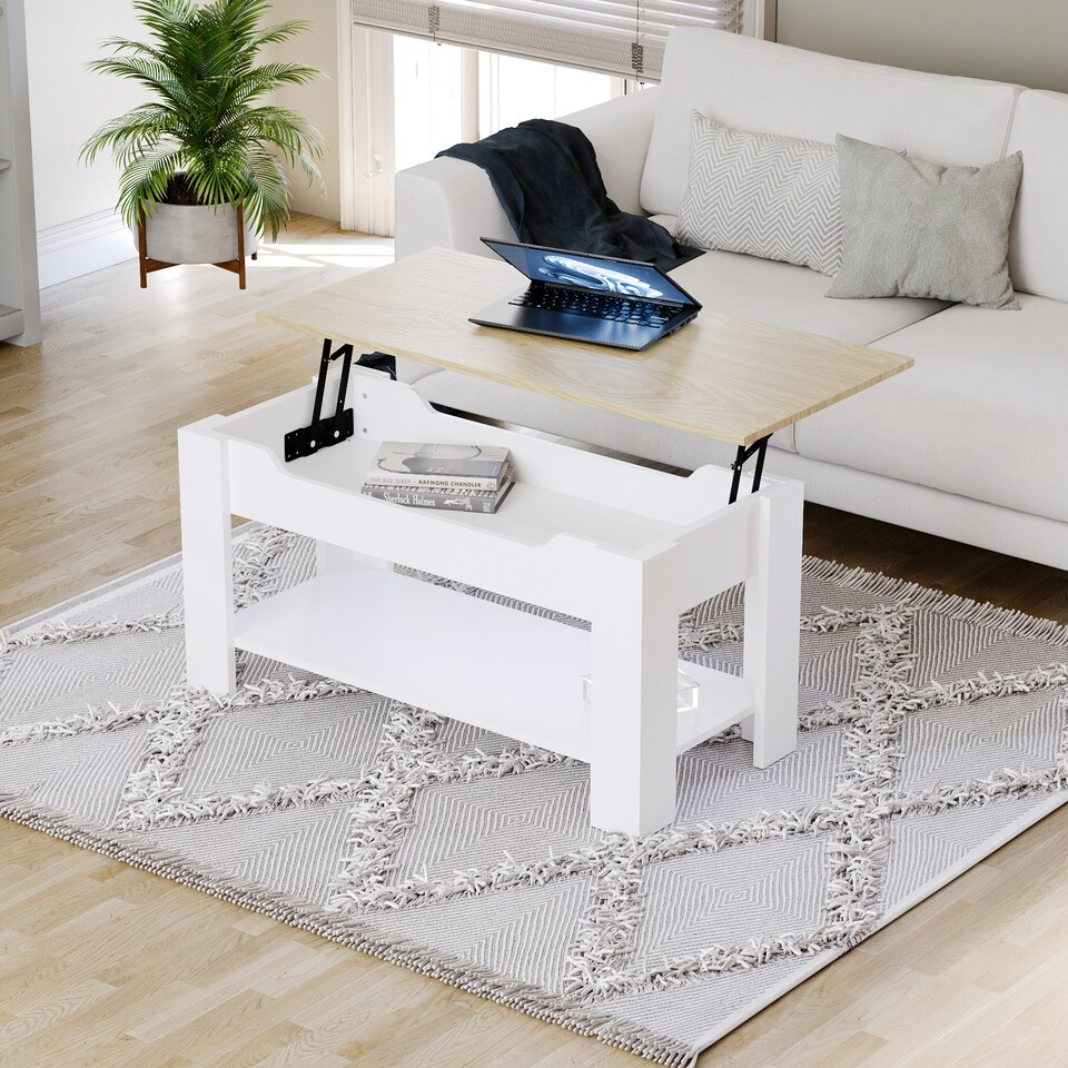 image 1 of Vida Designs Lift Up Coffee Table With Storage Compartment & Shelf, White & Oak