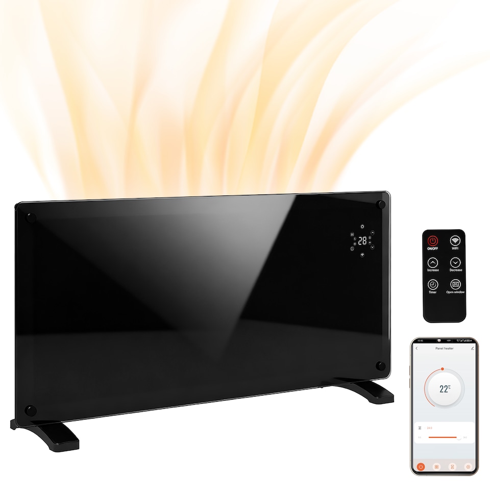image 1 of HOMCOM Electric Heater Wifi Smart App, 2000W Glass Panel Heater Radiator, Freestanding or Wall Mounted Convector Space Heater with LED Display, 24Hr 7 Day Timer, Adjustable Thermostat, Remote Control