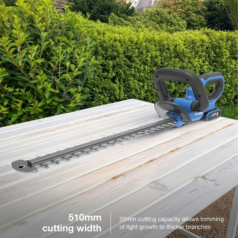 image 1 of Hyundai 20V 510mm Cordless Hedge Trimmer, 2.0Ah Li-ion Battery, Lightweight & Powerful | HY20CHT