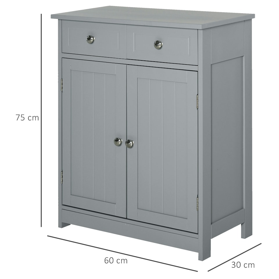 image 1 of kleankin Bathroom Floor Storage Cabinet w/ 2 Drawers Door Cupboard Grey