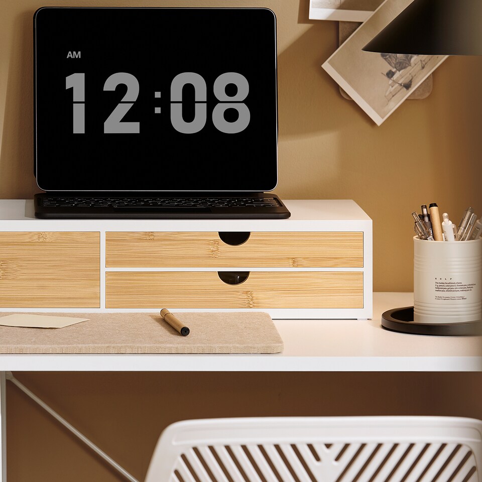 image 1 of SoBuy Monitor Stand with 3 Bamboo Drawers, White, 23.6x8.7x4.3 inches, 4.65 kg - BBF11-WN
