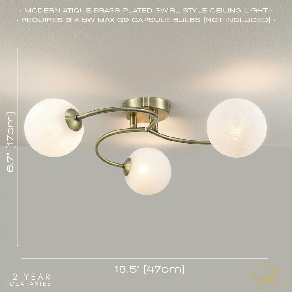 image 1 of Modern 3-Arm Antique Brass Ceiling Light with Opal Swirl Glass Spherical Shades