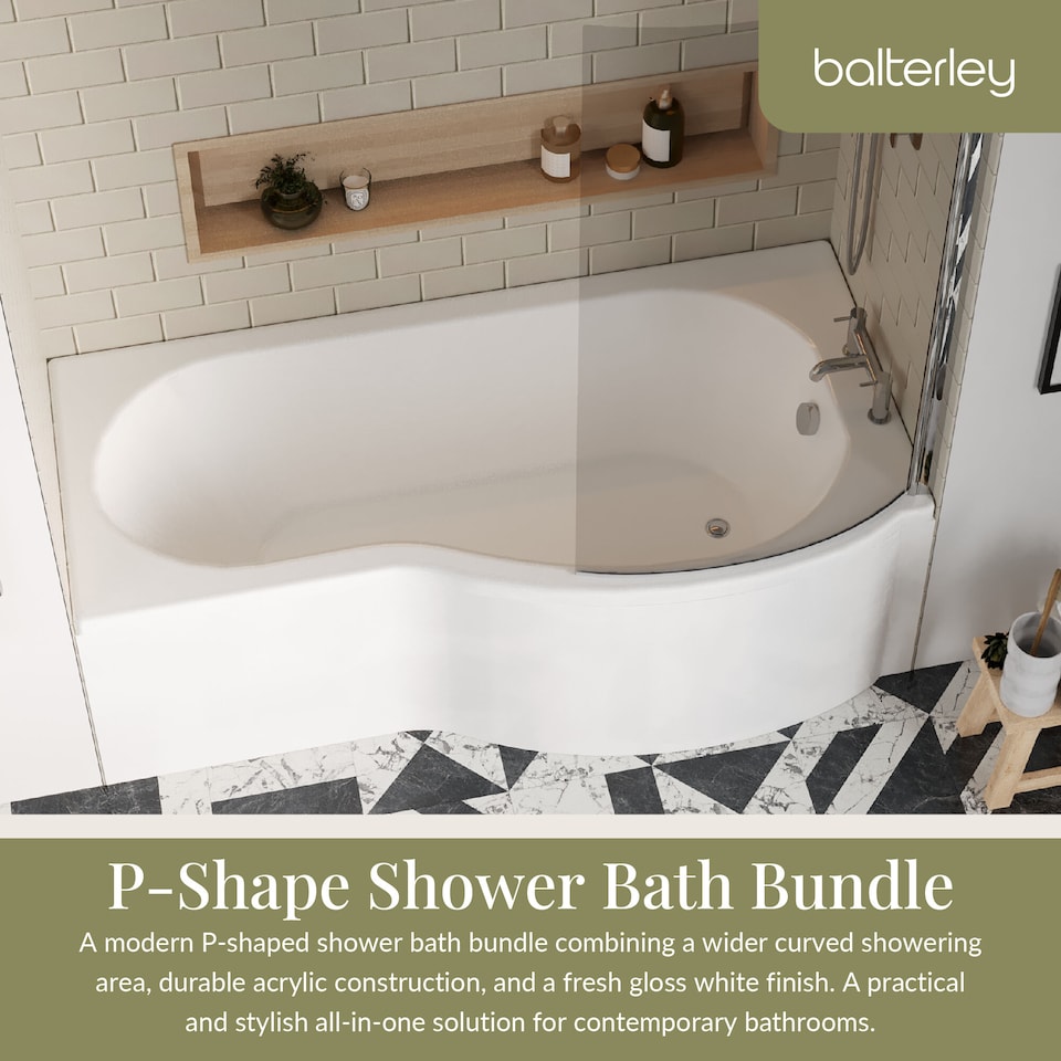 image 1 of 1700 mm Right Hand P Shape Square Shower Bath Screen Front Panel White | White | White | 1700 x 850 x 415mm