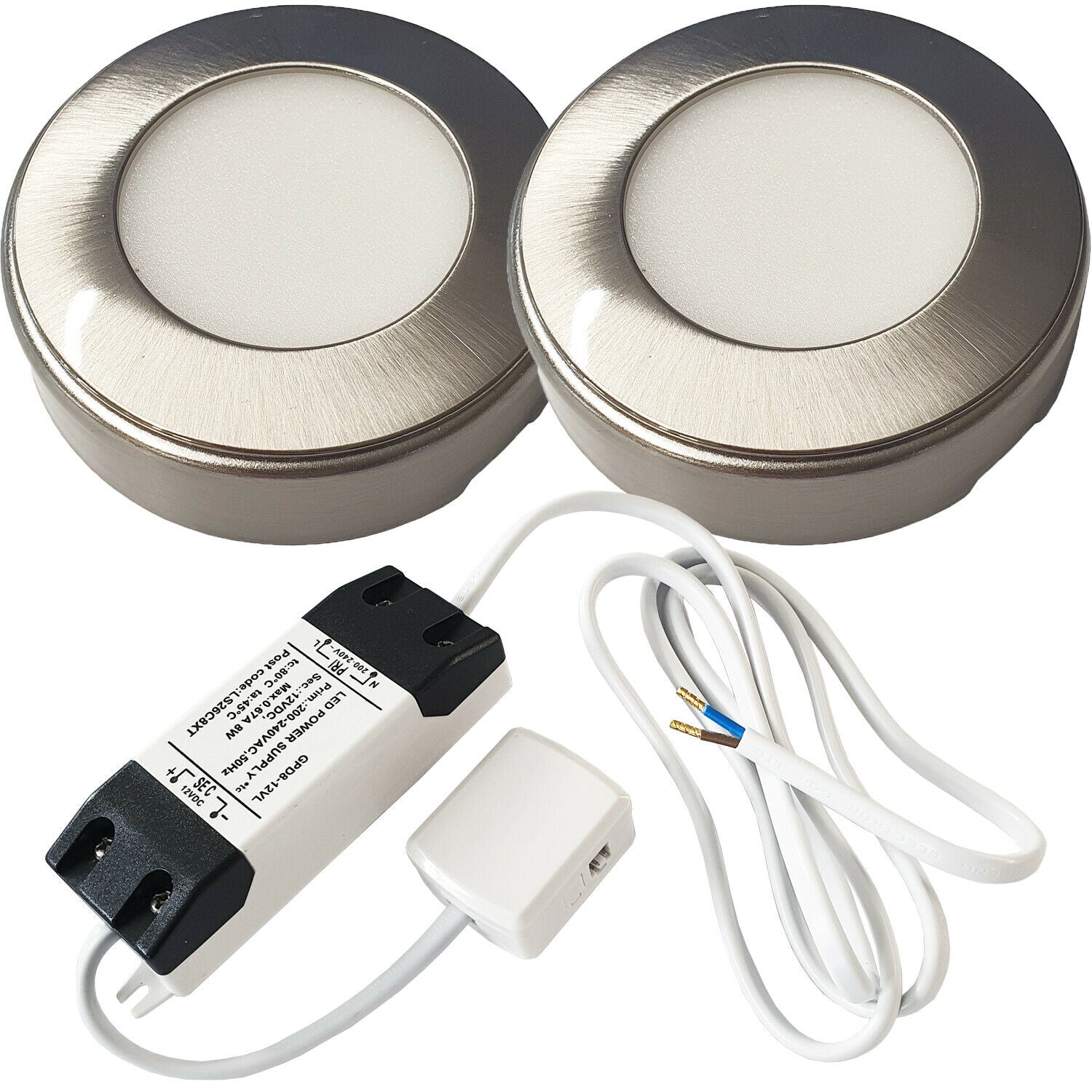 Loops 2x BRUSHED NICKEL Round Surface or Flush Under Cabinet Kitchen Light & Driver Kit - Warm White LED in Metallics