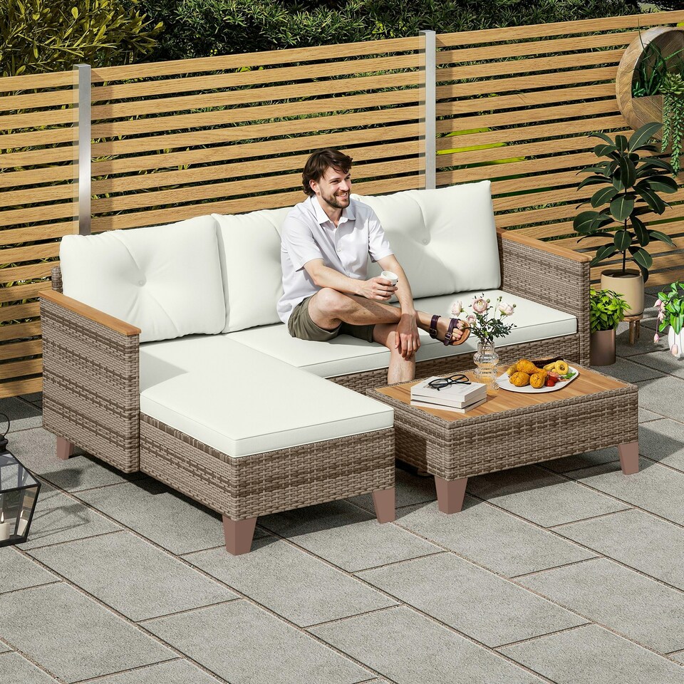 image 1 of Outsunny L Shaped Garden Conversation Chaise Lounge Furniture, Cream