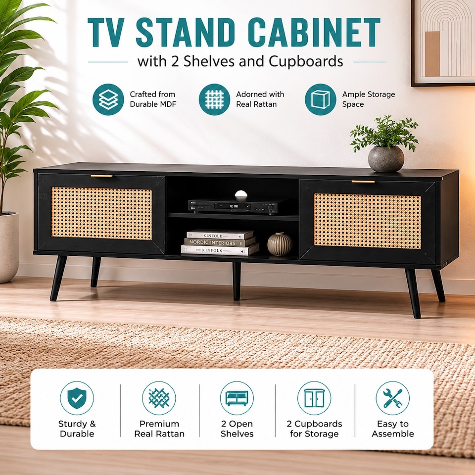 image 1 of Modern Black Rattan TV Stand Cabinet with Two Cupboards and Shelves TV Unit - W150 x D40 x H52cm