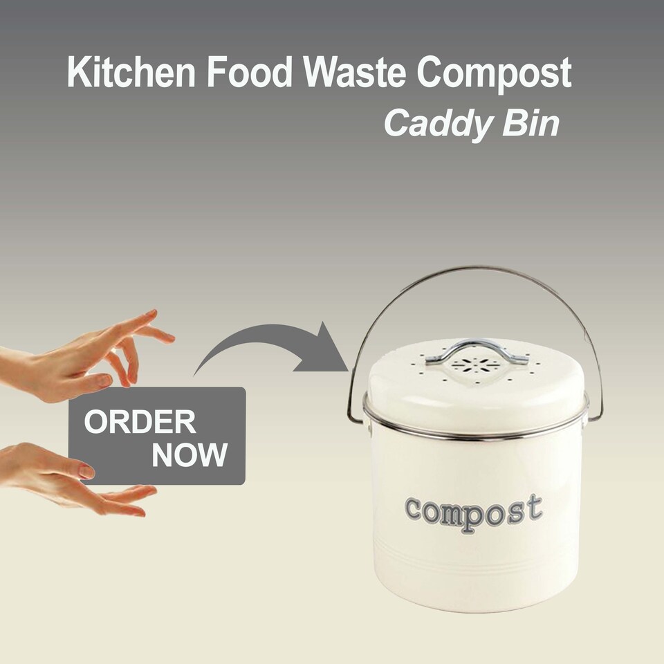 image 1 of Apollo 3L Cream Metal Kitchen Compost Caddy with Lid and Activated Charcoal Filter Countertop Food Waste Bin Odor Control Handle