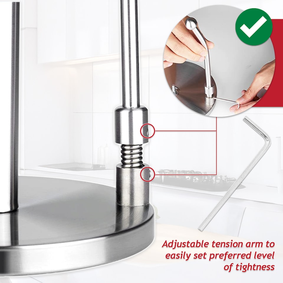 image 1 of SPARES2GO Kitchen Roll Holder Weighted Base Stainless Steel Paper Towel Stand with Spring Tension Arm (Silver)