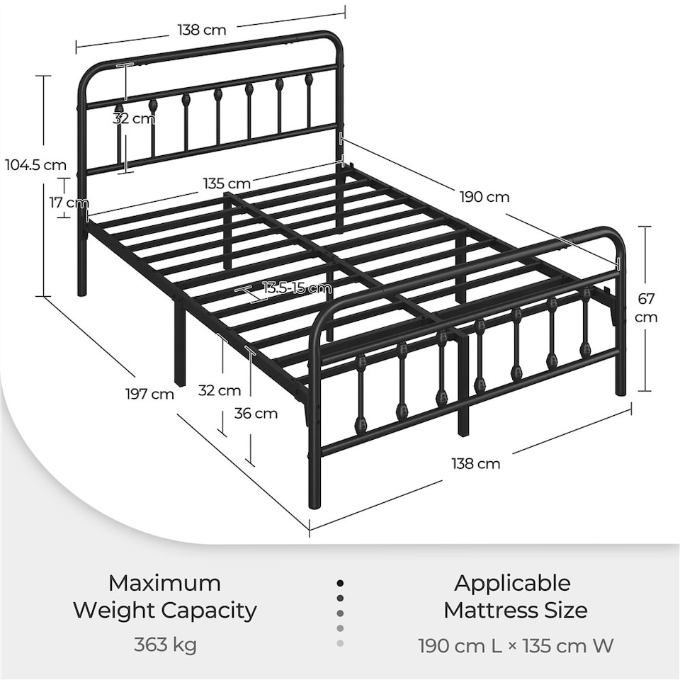 image 1 of Yaheetech 4ft6 Double Vintage Iron Platform Bed with High Headboard Black