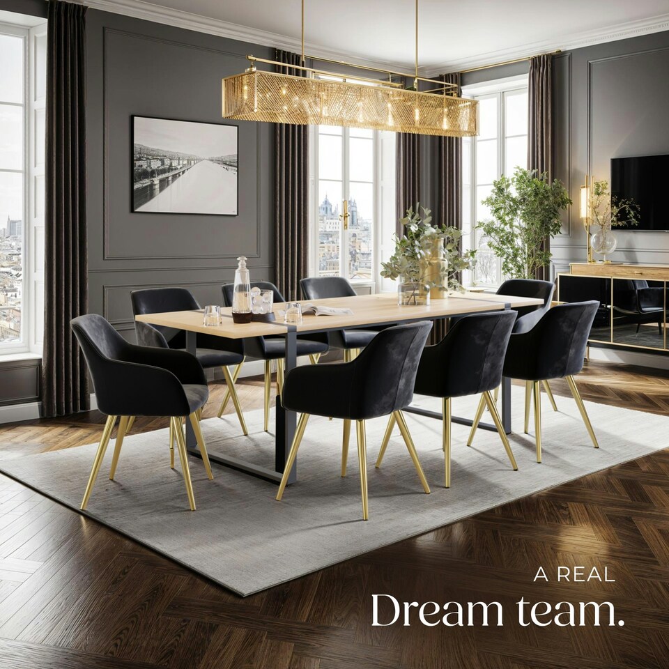 image 1 of Chair Marilyn - with armrests, padded, velvet look, golden steel legs - Set of 6 Black | Black/Gold