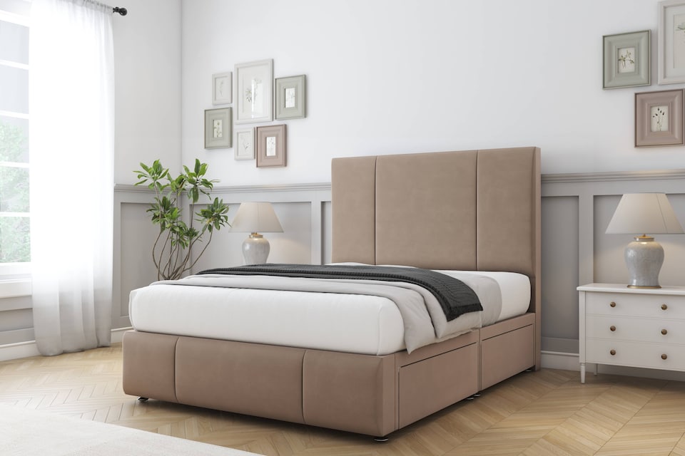 image 1 of Sloomy Lisbon Mink Plush Divan Bed With Mattress 2 Drawers Left Side With 54" Floor Standing Headboard & 12" Matching Footboard 5' King | Brown | Mink | King | 1