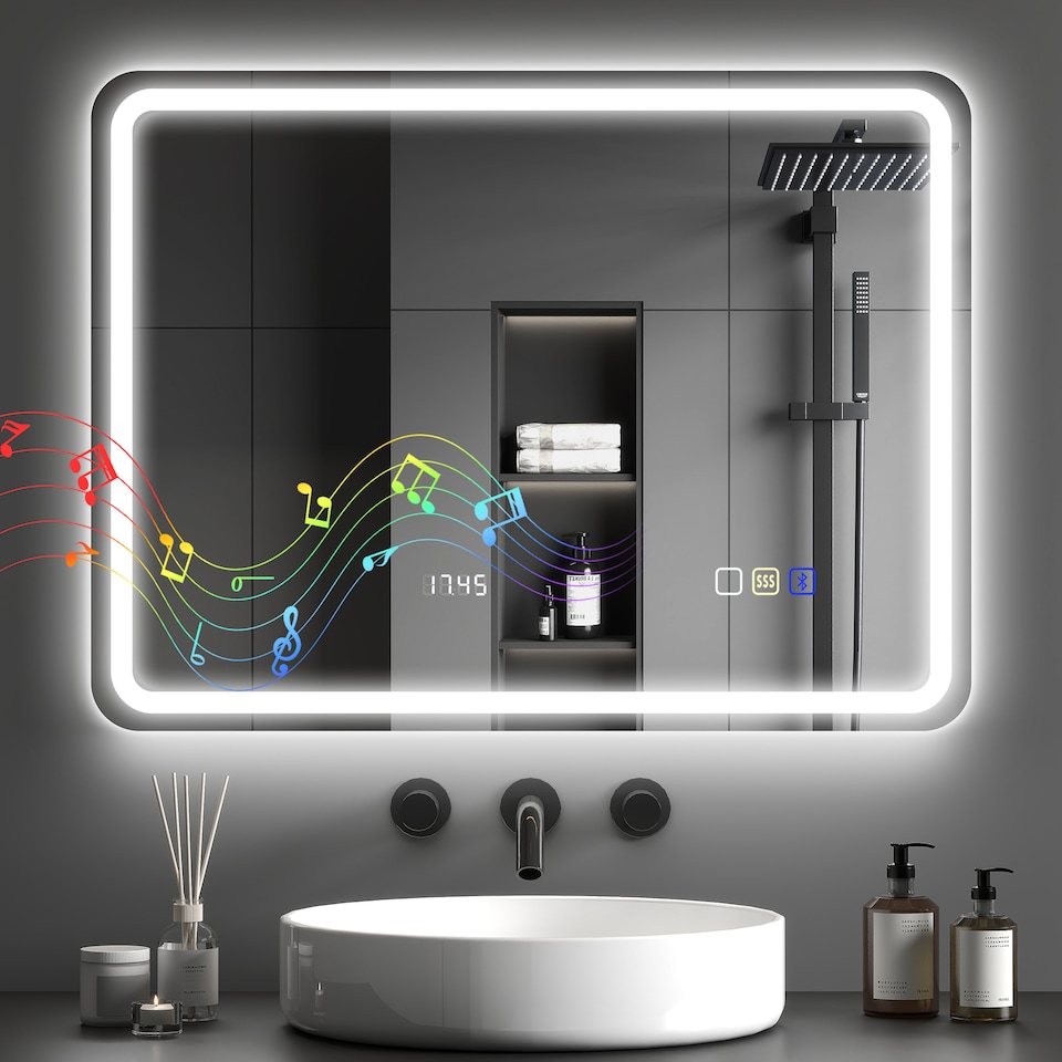 image 1 of HOMCOM 600  800 mm Bluetooth Bathroom Mirror with LED Lights, Illuminated Backlit Wall Mounted Vanity Mirror with 3 Colours Dimmable, Clock, Anti-Fog, Memory Touch Switch, IP44 | Silver | 1