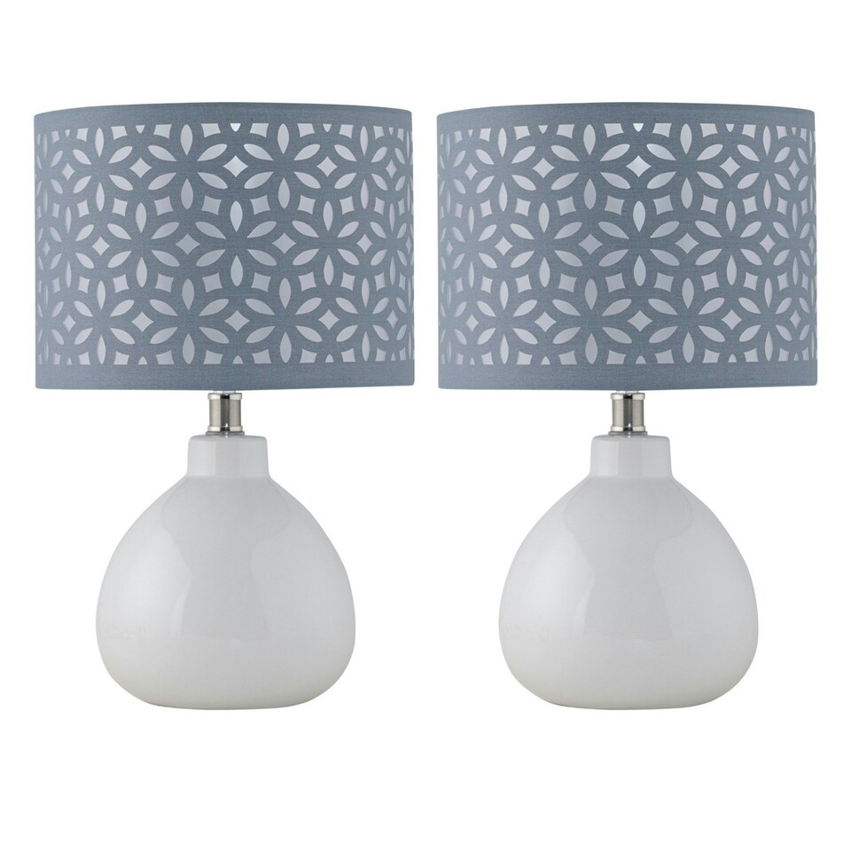 image 1 of First Choice Lighting Set of 2 Tuscan White Ceramic Lamps with Grey Cut Out Shade White | Grey