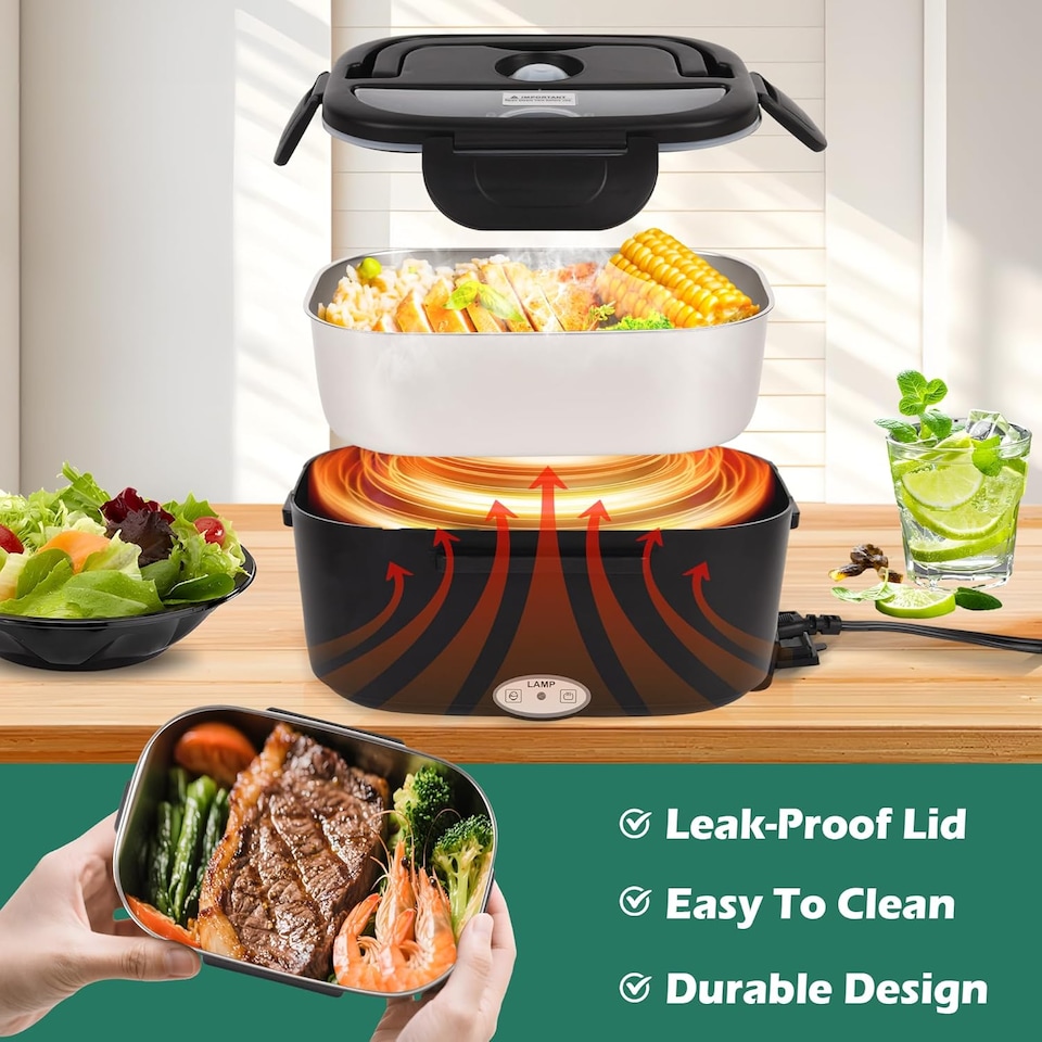 image 1 of Alivio Electric Lunch Box with 1.5L Stainless Steel & 0.5L Plastic Container, Quick Heating, Leak-Proof (Black)