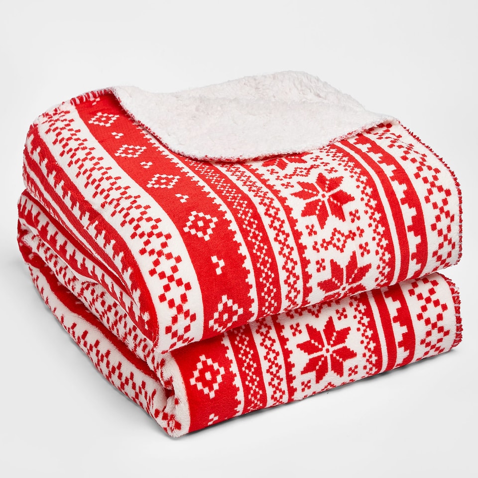 image 1 of OHS Sherpa Flannel Fleece Nordic Throw Flannel Winter Blanket | Red | L