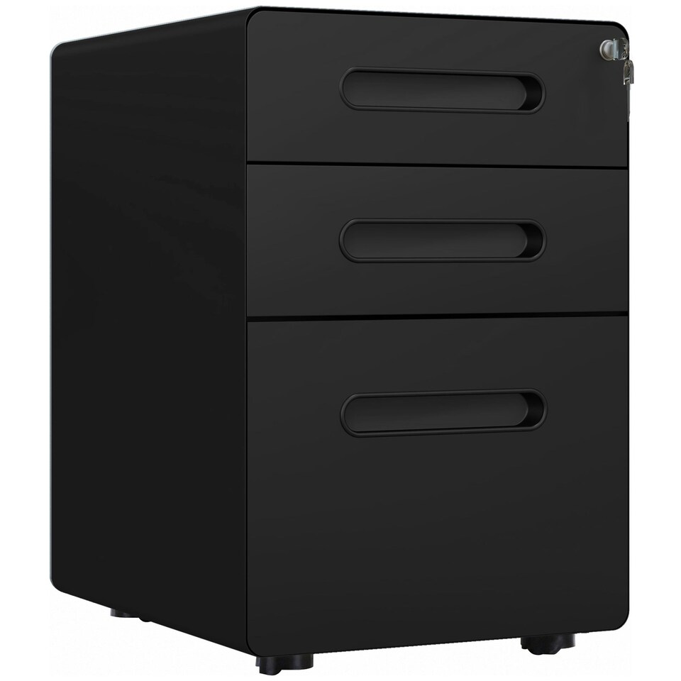 image 1 of Vinsetto 3 Drawer Modern Steel Filing Cabinet w/ 4 Wheels Lock Pencil Box Black