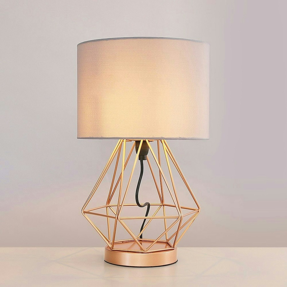 image 1 of ValueLights Pair of - Copper Metal Basket Cage Touch Table Lamps with a Grey Cylinder Shade - Complete with 5w LED Dimmable Bulbs 3000K Warm White Grey